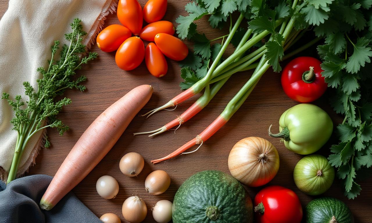 旬の野菜と手織りの布が美しく配置されたテーブル